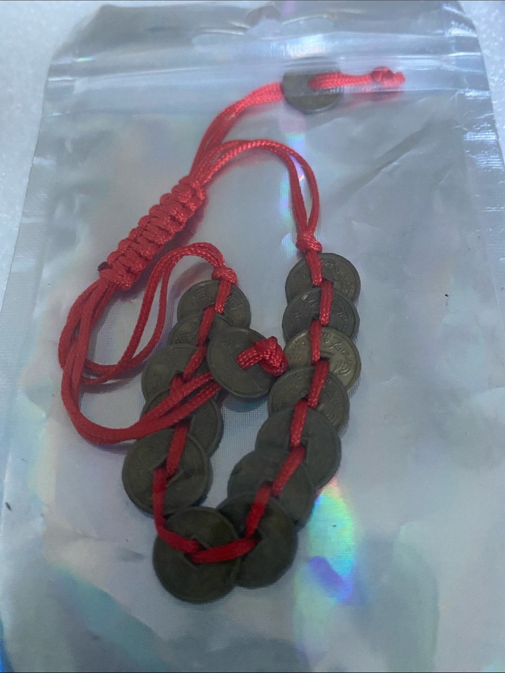 Red Chinese Coin Charm Bracelet with Knotted Cord